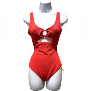 Aerie Textured One Piece Swimsuit Coral Orange Cutout Ring UPF 50 NWT M Long